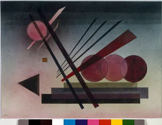 Expresionismus: „“Schwebende Kraft””” (pozastavená síla) Akvarel od Vassily Kandinsky (nebo Wassily Kandinski nebo Kandinskij, 1866-1944). Slunce 1928. 34,5x47 cm Soukromá sbírka
